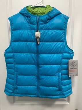 Big Chill Goose Down Puffer Hooded Vest Lime Green And Turquoise Women’s XL NWT